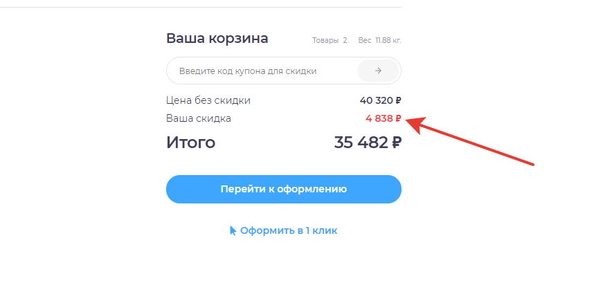 Общая сумма скидки в корзине в рублях